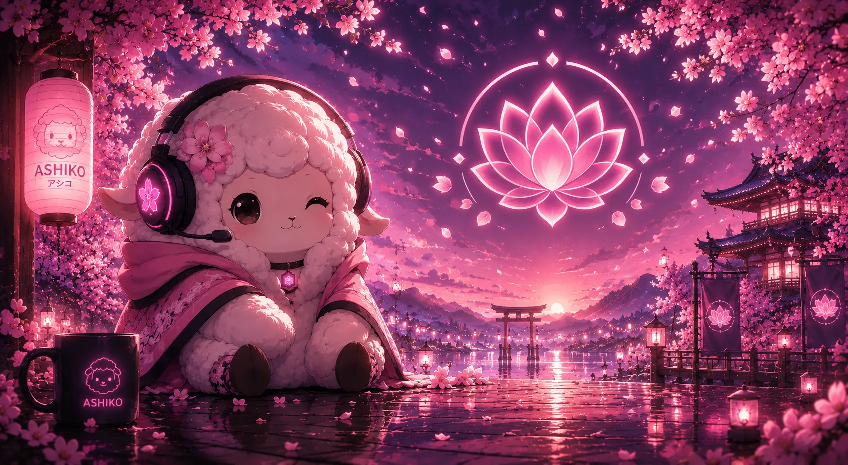 Ashiko, the pink sheep in a lantern-lit blossom city